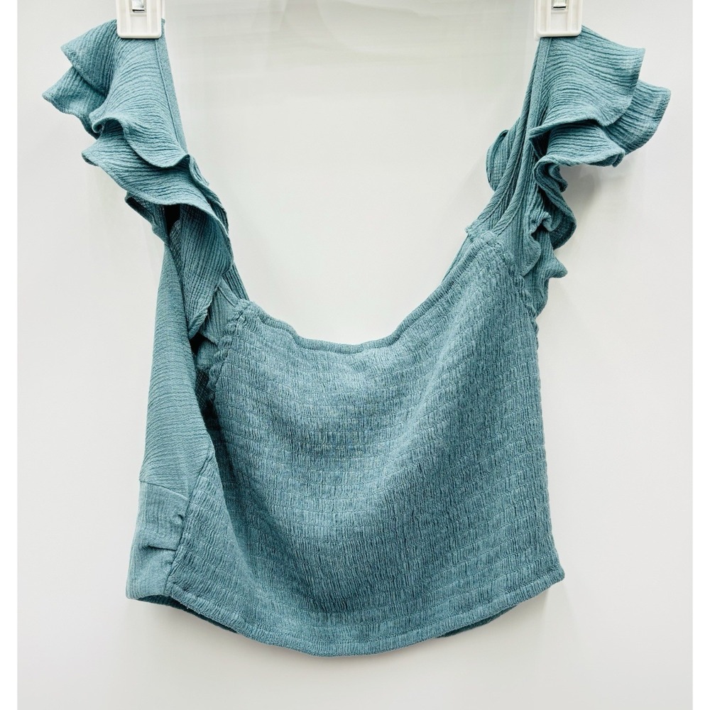 Mine Teal Ruffle Strap Crop Top M Smocked Back Boho Cottagecore Beachy Bralette - Picture 4 of 8